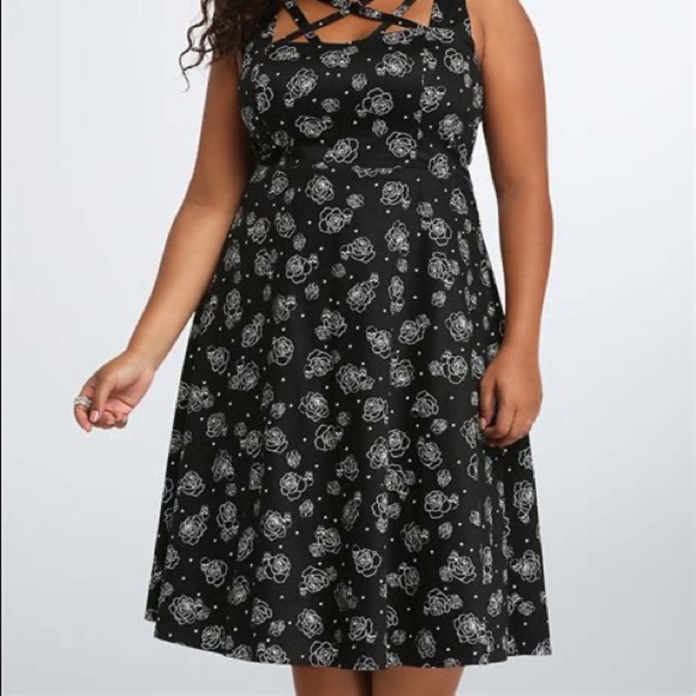 Torrid Rose Skull Lattice Front Swing Dress